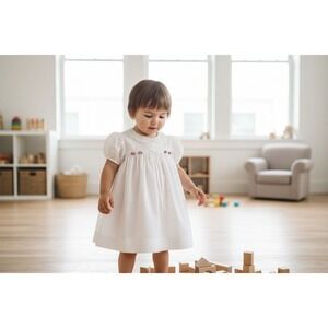 Peaches and Cream Girls' 3T White Dress Floral Embroidery Spring vintage baptism